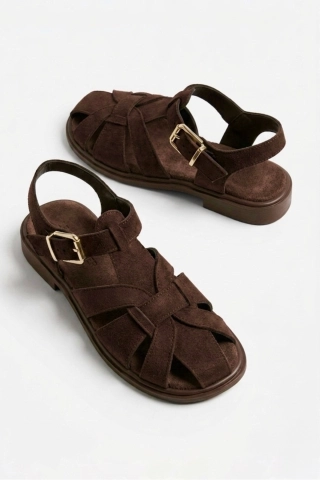 Women Brown Suede Cage Sandals Elegant Strappy Block Heel Shoes
